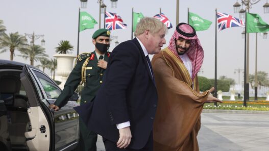 Prime Minister Boris Johnson visits the GULF Region (2022). Riyadh, Saudi Arabia. The Prime Minister Boris Johnson meets Mohammed bin Salman Al Saud, the Crown Prince of Saudi Arabia at the Royal Court in Riyadh during a visit to the Gulf Region.