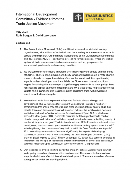 TJM's submission to the International Development Committee's inquiry ahead of COP26