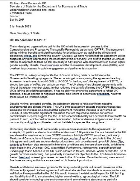Letter to Kemi Badenoch to halt the accession to Pacific trade deal.