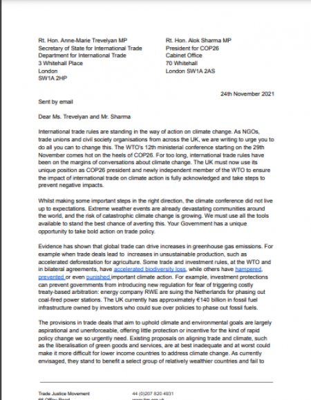 Letter to Anne-Marie Trevelyan and Alok Sharma ahead of WTO ministerial
