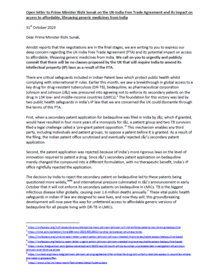 Letter: Civil society calls on UK Prime Minister to ensure UK-India free trade agreement does not threaten access to affordable medicines