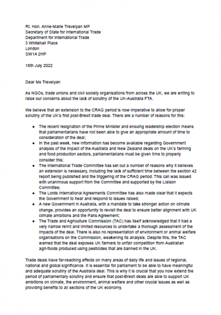 Letter to for Secretary of State Anne-Marie Trevelyan to give MPs more time to consider the UK Australia trade deal