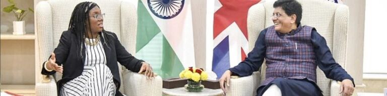 UK Secretary of State for International Trade Kemi Badenoch meets India’s Commerce and Industry Minister Piyush Goyal in December 2022