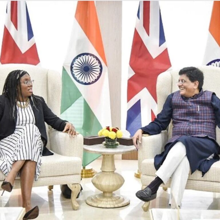 UK Secretary of State for International Trade Kemi Badenoch meets India’s Commerce and Industry Minister Piyush Goyal in December 2022