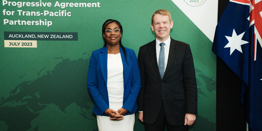 Kemi Badenoch (UK Business and Trade Secretary) with Chris Hipkins (Prime Minister of New Zealand) formally signing the treaty to accede to CPTPP in NZ